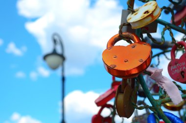 demir ağaç üzerinde asılı renkli düğün kilitleri