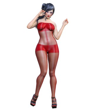 3 Boyutlu güzel seksi Japon kız kırmızı vücut çorabı. Kıvrımlı kız. Kadın stüdyo fotoğrafı. Yüksek topuklu. Kavramsal moda sanatı..