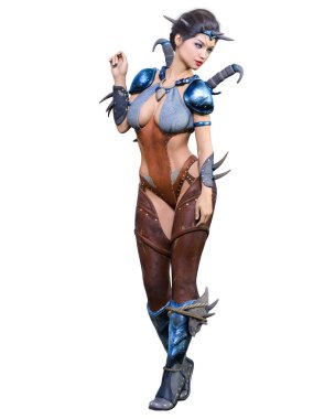 Hançerli savaşçı amazon kadın. Kaslı atletik vücut. Deri elbiseli fantezi kahraman..