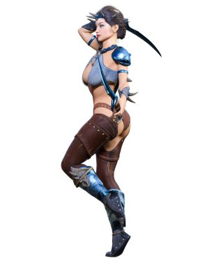 Hançerli savaşçı amazon kadın. Kaslı atletik vücut. Deri elbiseli fantezi kahraman..