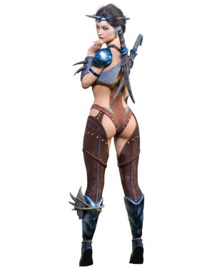 Hançerli savaşçı amazon kadın. Kaslı atletik vücut. Deri elbiseli fantezi kahraman..