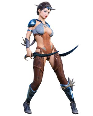 Hançerli savaşçı amazon kadın. Kaslı atletik vücut. Deri elbiseli fantezi kahraman..