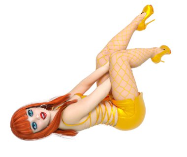 3 boyutlu seksi kız kısa gece deri elbisesi. Fishnet külotlu çorap. Kadın retro tarzı. Yüksek topuklu. Kavramsal moda sanatı..