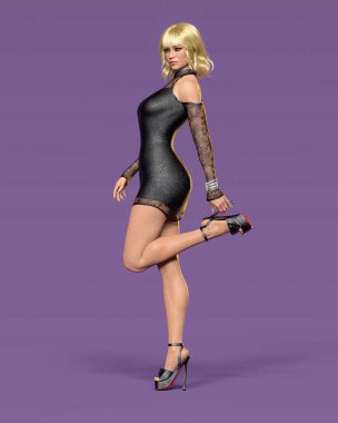 Güzel kadın kısa siyah gece mini elbisesi, daha parlak kıyafetler koleksiyonu. Parlak makyaj. Kadın stüdyosu göz alıcı fotoğraf çekimi. Kavramsal moda sanatı..