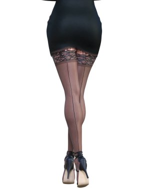 Güzel bir kadın, kısa kısa gece mini elbise, siyah çorap. Giysi koleksiyonu. Kadın stüdyo fotoğrafı. Kavramsal moda sanatı..