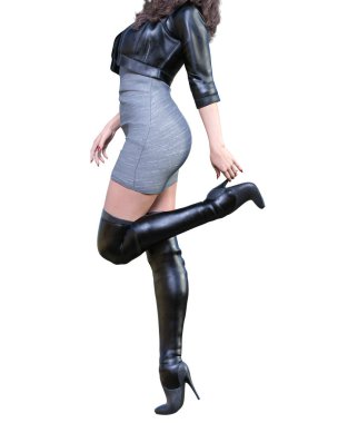 Mini etek ve botlar içinde güzel bir kadın. Bahar koleksiyonu. Kavramsal moda sanatı..