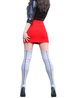 Mini etek ve botlar içinde güzel bir kadın. Bahar koleksiyonu. Kavramsal moda sanatı..