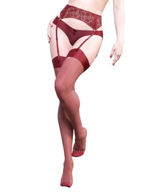 3D güzel seksi kadın bacaklar kırmızı iç çamaşırı ve çorap. Kadın stüdyo fotoğrafçılığı. Yüksek topuk. Kavramsal moda sanat. Baştan çıkarıcı samimi poz. İzole illüstrasyon render. Yaz samimi giyim.