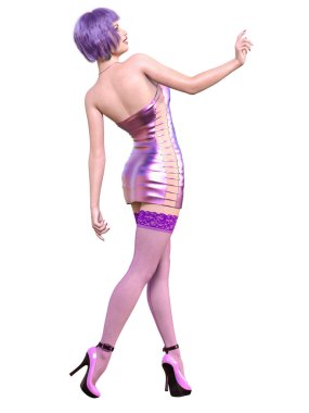 Güzel bir kadın mor kısa gece lateks mini elbise ve çorap. Kıyafet koleksiyonu. Kadın stüdyo fotoğrafı. Kavramsal moda sanatı..