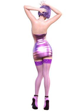 Güzel bir kadın mor kısa gece lateks mini elbise ve çorap. Kıyafet koleksiyonu. Kadın stüdyo fotoğrafı. Kavramsal moda sanatı..