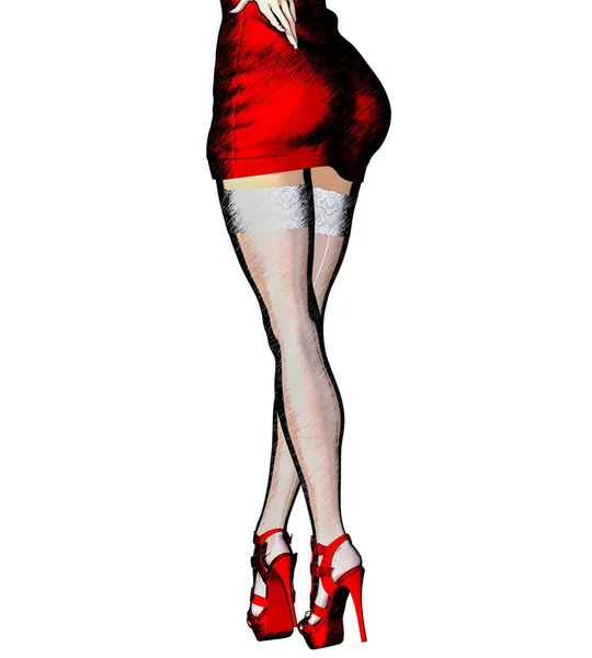 Όμορφη Μακριά Λεπτή Σέξι Γυναικεία Πόδια Κοντή Φούστα Stockings Comic — Φωτογραφία Αρχείου