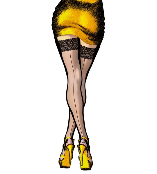 漂亮的细长性感的女腿短裙长袜漫画 隔离3D渲染隔离概念时尚艺术办公室秘书制服 — 图库照片