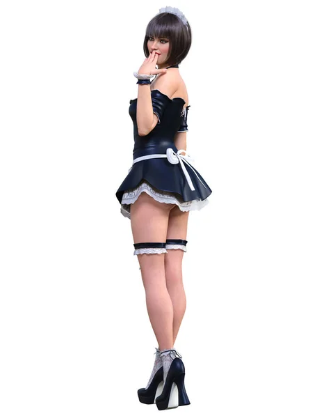Mooie Sexy Aantrekkelijke Vrouw Meid Uniform Housemaid Korte Zwarte Latex — Stockfoto
