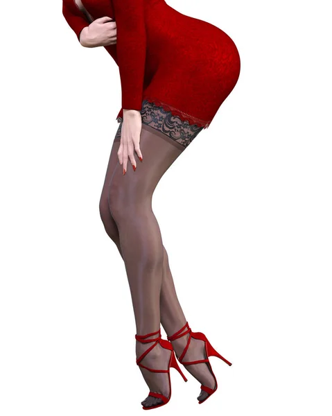 Mooie Vrouw Rood Korte Avond Mini Jurk Zwart Kousen Zomer — Stockfoto