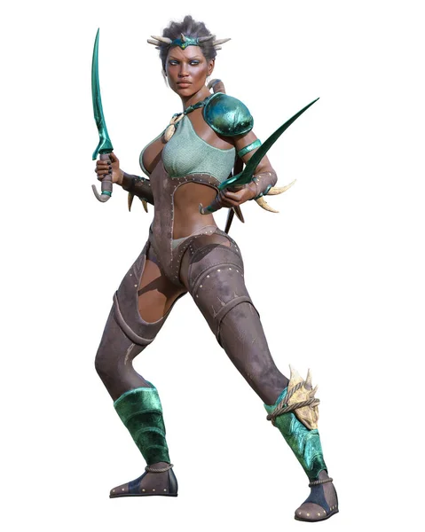 Warrior Amazon Dark Skin Woman African Daggers Muscular Athletic Body — Stock Photo, Image