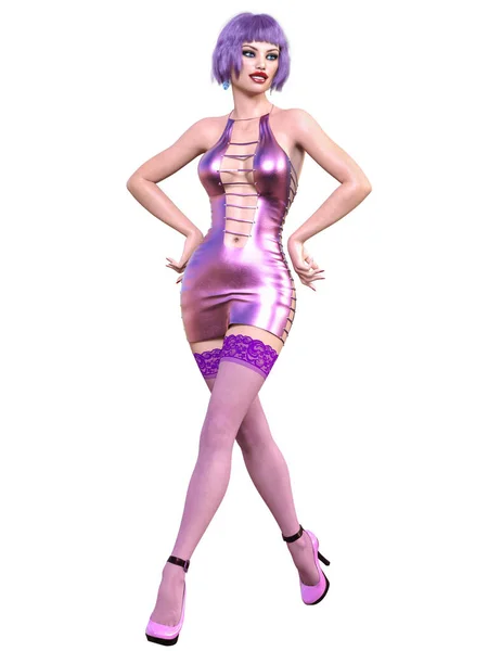 美丽的女人紫色的短晚上乳胶迷你裙和袜子 夏季服装系列 妇女工作室摄影 概念时尚艺术 女性脂肪 3D渲染 — 图库照片