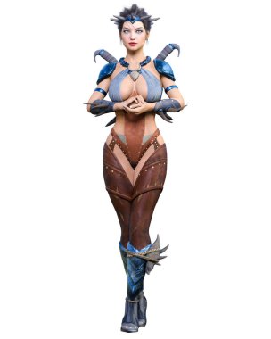 Hançerli savaşçı amazon kadın. Kaslı atletik vücut. Deri elbiseli fantezi kahraman..