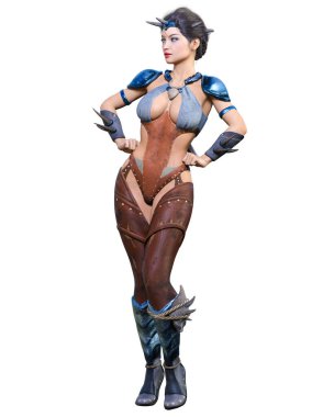 Hançerli savaşçı amazon kadın. Kaslı atletik vücut. Deri elbiseli fantezi kahraman..