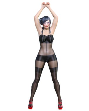 3D, güzel, seksi Japon kız, siyah vücut çorabı kıvrımlı, kıvrımlı kız, kadın stüdyo fotoğrafı, yüksek topuklu, kavramsal moda sanatı, baştan çıkarıcı, samimi kıyafetler..