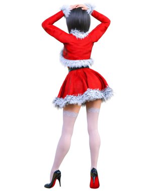 Genç, güzel Noel Baba kızı. Kısa kırmızı, sıcak, şenlikli bir elbise. Uzun saç. Parlak makyaj..