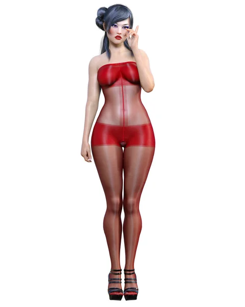 Render Beautiful Sexy Japanese Girl Red Bodystocking Curves Shape Girl — Stock Photo, Image