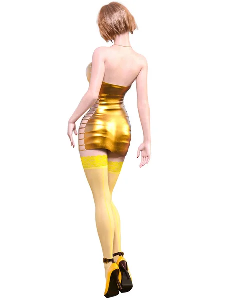 Όμορφη Γυναίκα Κίτρινο Σύντομο Βράδυ Λατέξ Μίνι Φόρεμα Και Stocking — Φωτογραφία Αρχείου