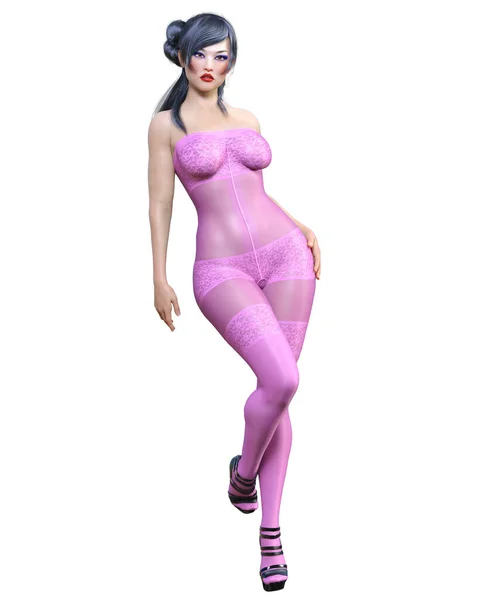 Rendere Bella Sexy Ragazza Giapponese Rosa Bodystocking Curves Forma Girl — Foto Stock