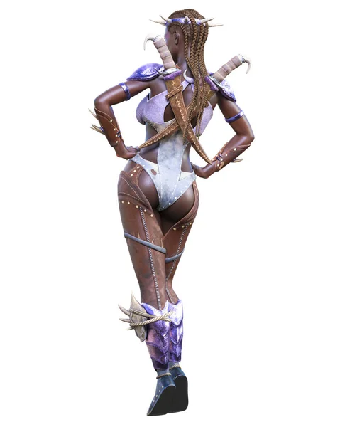 戦士アマゾンダークスキン女性アフリカ短剣 筋肉運動体革の服のファンタジーヒーロー 概念的なファッションアート — ストック写真