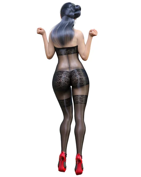 Rendre Belle Fille Japonaise Sexy Noir Bodystocking Curves Forme Girl — Photo