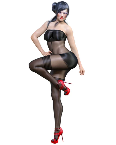 3Dレンダリング美しいセクシー日本の女の子黒ボディストッキング 曲線形状の女の子 Womanスタジオ写真 High Heel コンセプチュアルなファッションアート 魅惑的な率直な立場 夏の親密な服 — ストック写真