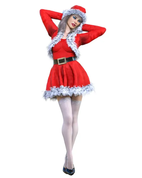 Młoda Piękna Dziewczyna Santa Krótki Czerwony Ciepły Świąteczny Strój Fur — Zdjęcie stockowe