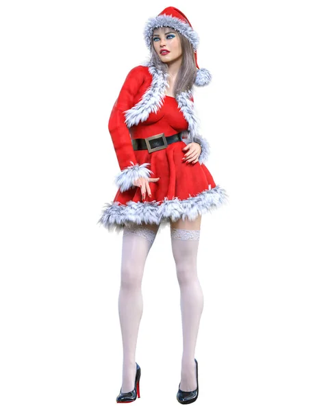 Молодая Красивая Санта Girl Short Красное Теплое Праздничное Платье Fur — стоковое фото