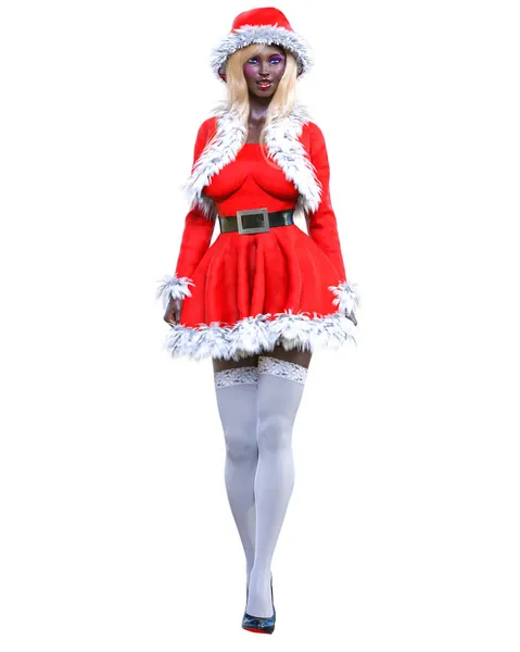 Młoda Piękna Dziewczyna Santa Krótki Czerwony Ciepły Świąteczny Strój Fur — Zdjęcie stockowe