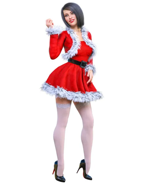 年轻美丽的圣诞姑娘 红色的温暖节日短裙 长长的头发 明亮的妆容 概念时尚艺术 3D渲染孤立的图画 圣诞节 — 图库照片