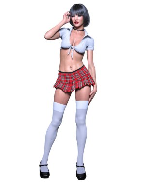 Güzel bir genç kadın fotoğraf çekimi. Kısa kırmızı etek kafesi, çorap, bluz. Uzun saç. Okul seksi üniforması. Kavramsal moda sanatı..