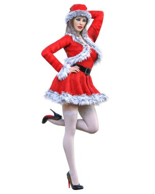 Genç, güzel Noel Baba kızı. Kısa kırmızı, sıcak, şenlikli bir elbise. Uzun saç. Parlak makyaj..