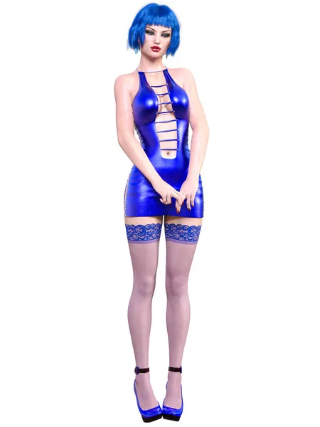 美丽的女人蓝色的短晚上乳胶迷你裙和袜子 夏季服装系列 妇女工作室摄影 概念时尚艺术 女性脂肪 3D渲染 — 图库照片