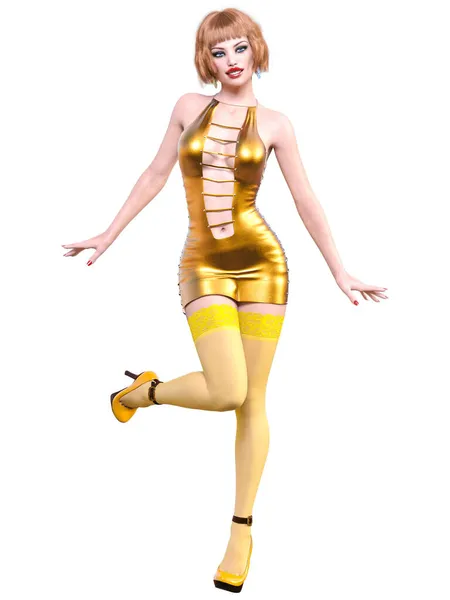 Mulher Bonita Amarela Curta Noite Látex Mini Vestido Stocking Summer — Fotografia de Stock