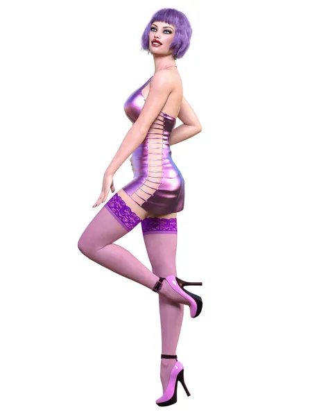 Mujer Hermosa Púrpura Noche Corta Látex Mini Vestido Calcetina Colección —  Fotos de Stock