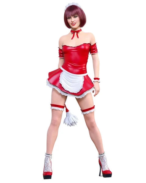 Schöne Sexy Attraktive Frau Dienstmädchen Uniform Housemaid Kurze Rote Latex — Stockfoto