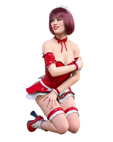 Vacker Sexig Attraktiv Kvinna Piga Uniform Husjungfru Kort Röd Latex — Stockfoto