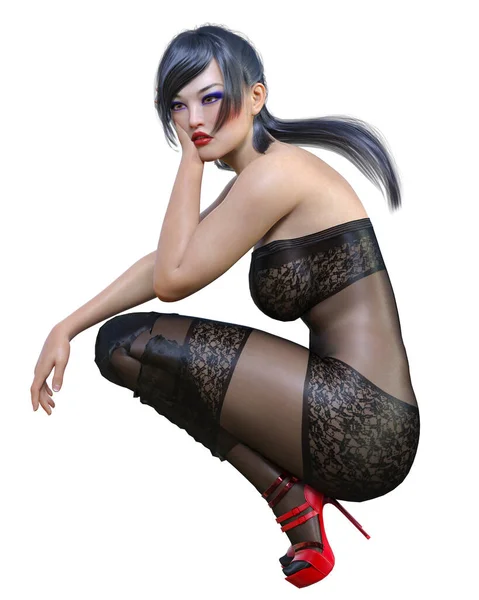 Rendere Bella Sexy Ragazza Giapponese Nero Bodystocking Curves Forma Girl — Foto Stock
