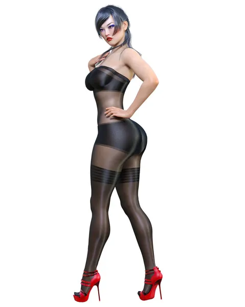 Rendere Bella Sexy Ragazza Giapponese Nero Bodystocking Curves Forma Girl — Foto Stock