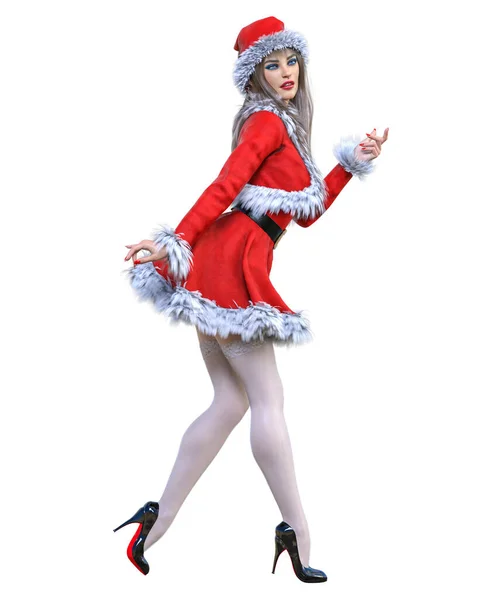 Young Beautiful Santa Girl Short Red Warm Festive Dress Fur — Stock Photo, Image