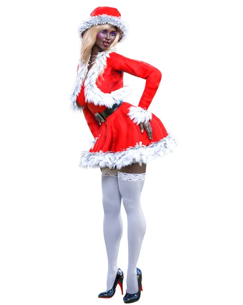 若い美しいサンタの女の子 短い赤い暖かいお祝いのドレス遠く ロングヘア 明るいメイク コンセプチュアルなファッションアート 3Dレンダリングは イラストを隔離します クリスマス — ストック写真