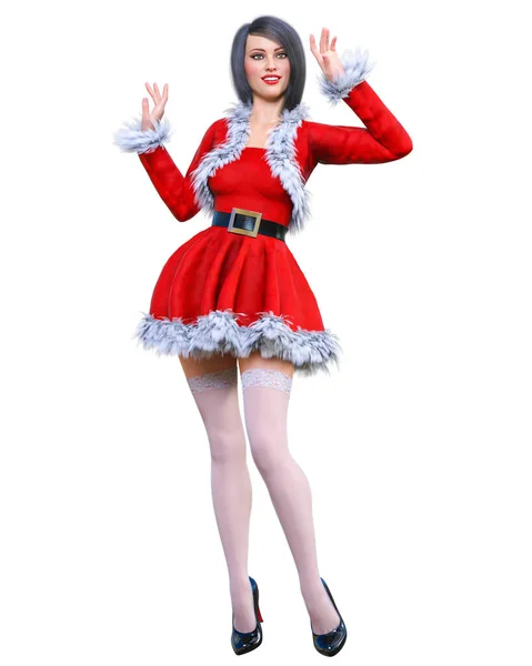 Young Beautiful Santa Girl Short Red Warm Festive Dress Fur — Stock Photo, Image