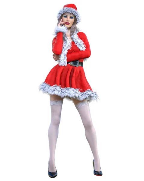 Giovane Bella Santa Girl Short Rosso Caldo Vestito Festivo Fur — Foto Stock