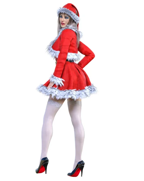 Junge Schöne Santa Girl Short Rot Warmes Festkleid Fur Long — Stockfoto