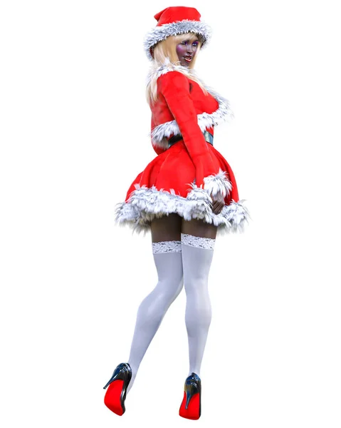 Young Beautiful Santa Girl Short Red Warm Festive Dress Fur — Stock Photo, Image