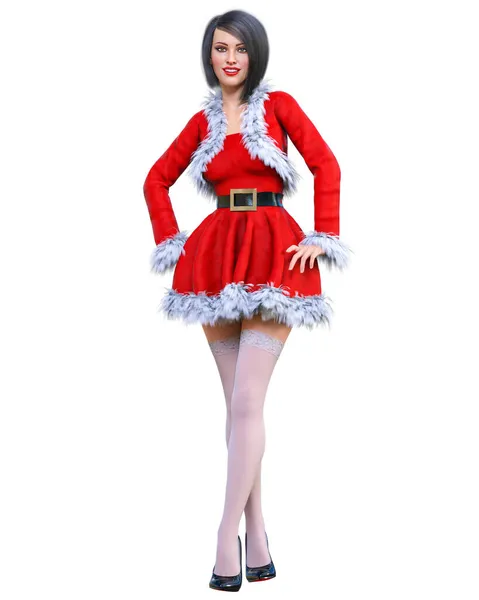 Junge Schöne Santa Girl Short Rot Warmes Festkleid Fur Long — Stockfoto